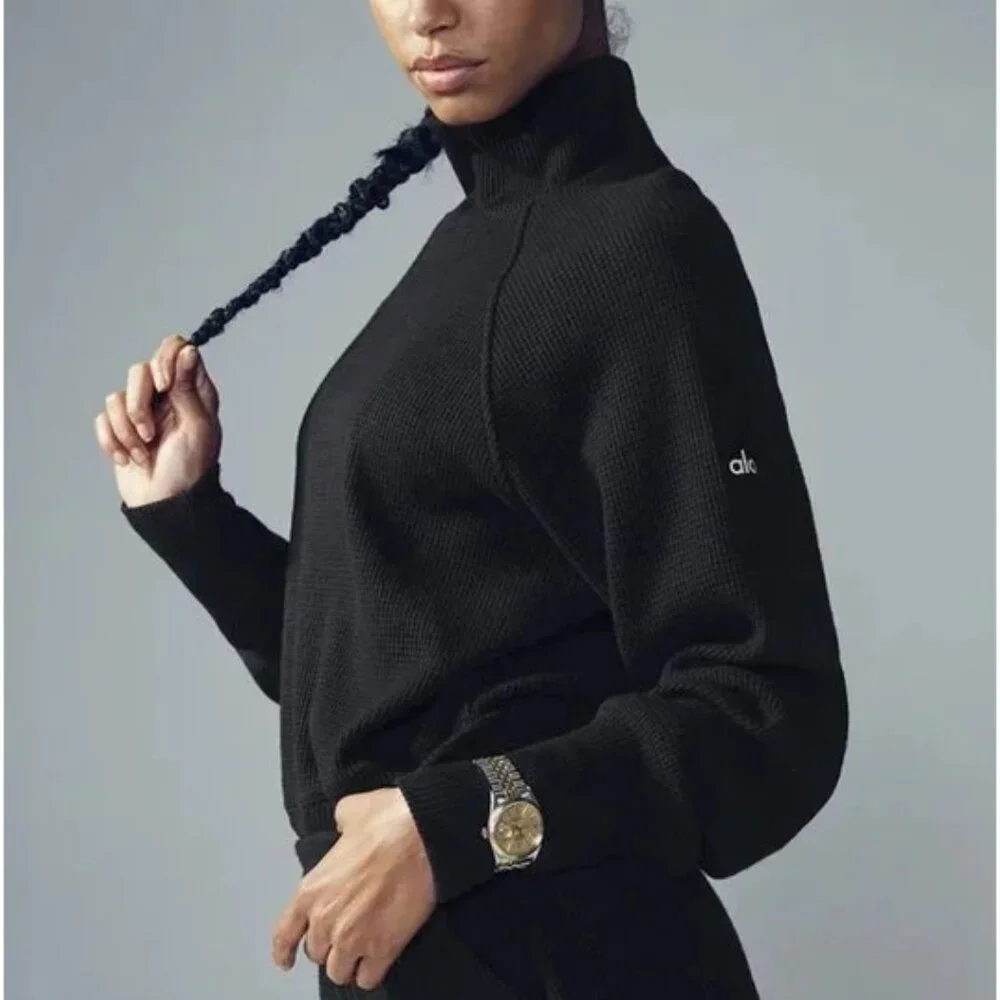 Alo Waffle Weekend Escape Mock Neck Long Sleeve Black Turtleneck Thermal Sweater
